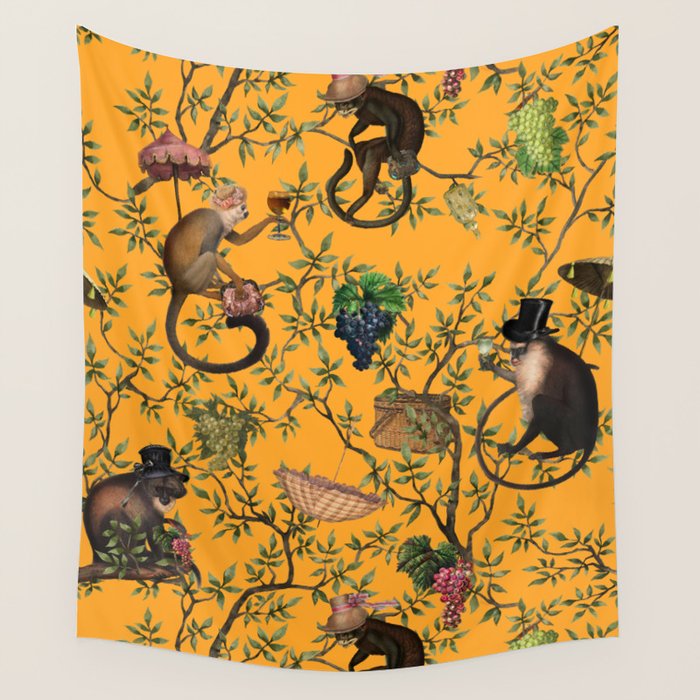 Vintage Chinoiserie Monkey Garden Party Wall Tapestry Gallery Image 4