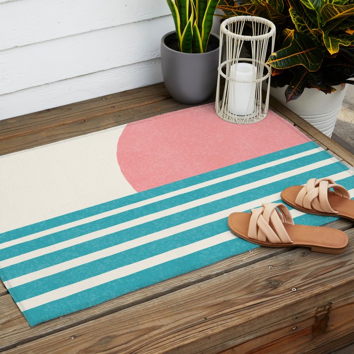 Beach Horizon Lines pink green Outdoor Rug Gallery Image 2