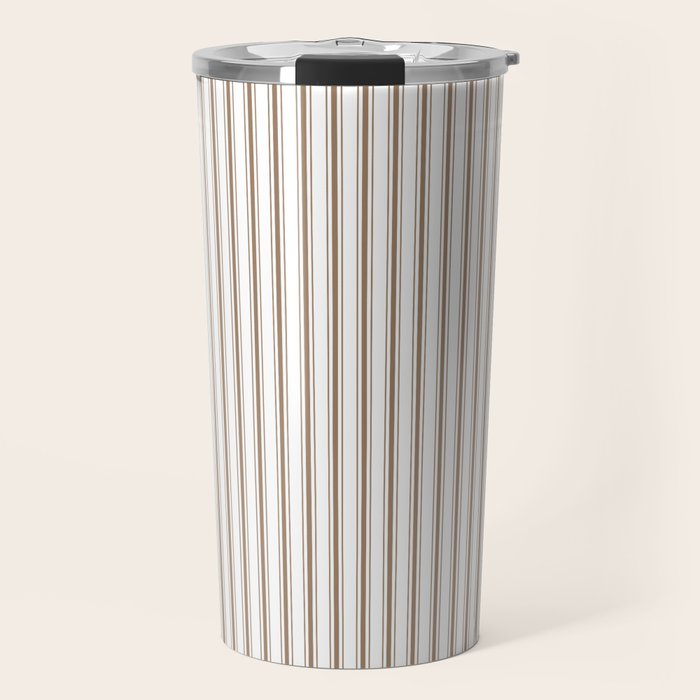 Mattress Ticking Narrow Striped Pattern in Dark Brown and White Travel Mug Gallery Image 1
