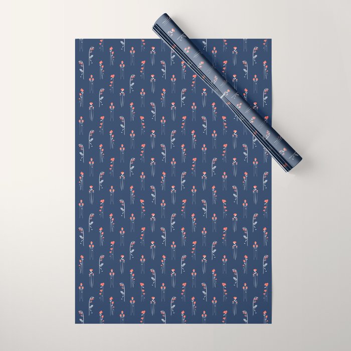 Retro Dark Flower Pattern in Modern Navy and Coral Wrapping Paper Gallery Image 1