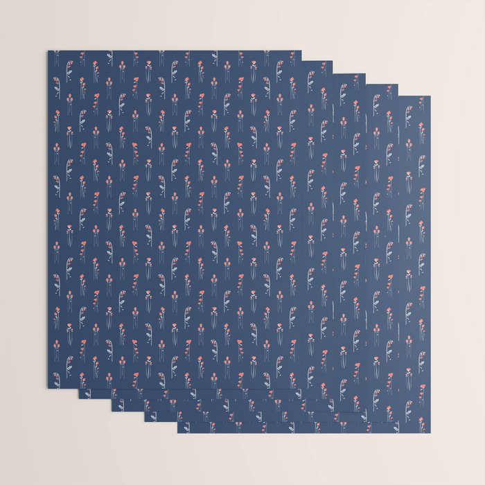 Retro Dark Flower Pattern in Modern Navy and Coral Wrapping Paper Gallery Image 3
