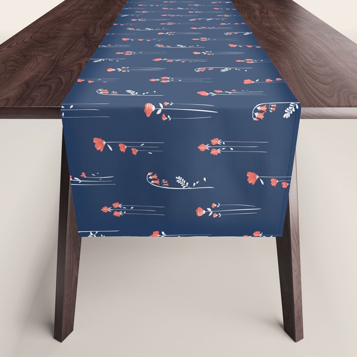 Retro Dark Flower Pattern in Modern Navy and Coral Table Runner Gallery Image 1