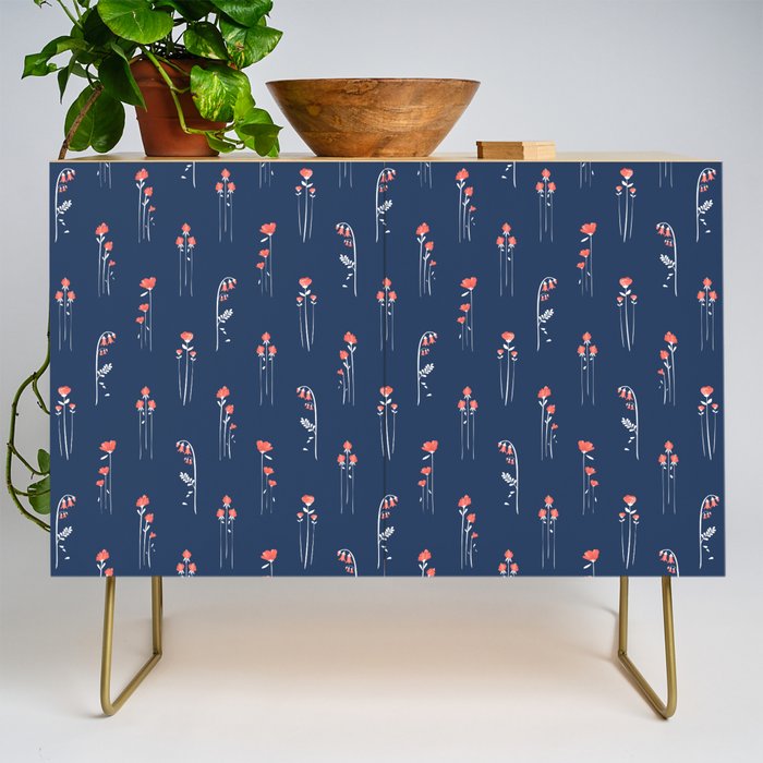 Retro Dark Flower Pattern in Modern Navy and Coral Credenza Gallery Image 1
