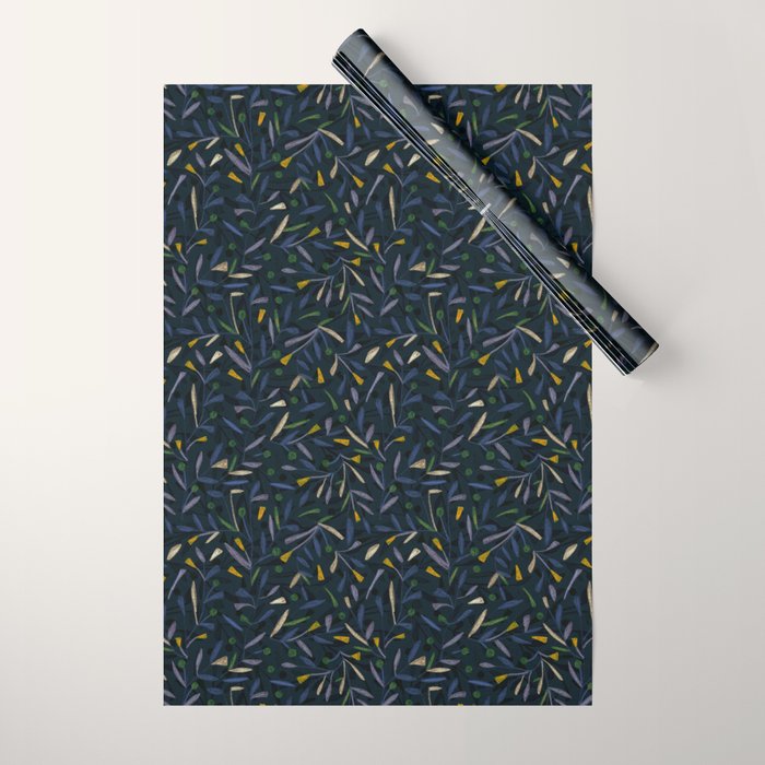 Midnight Floral Pattern 2 - Blue and Yellow Wrapping Paper Gallery Image 1