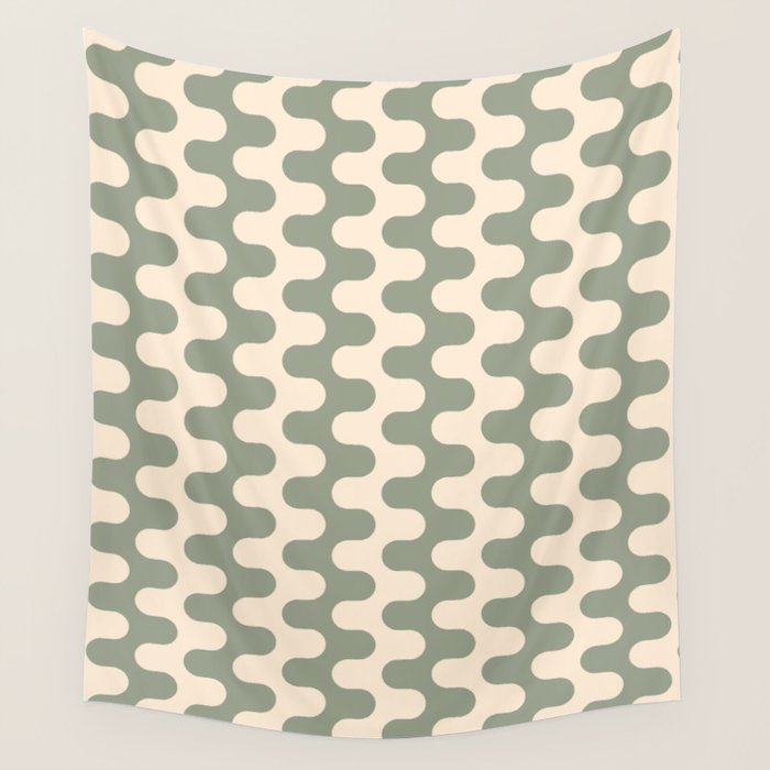 Retro Mid Century Modern Waves in Sage Green Wall Tapestry Gallery Image 1