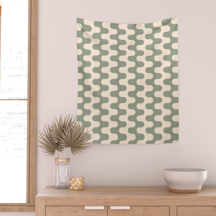 Retro Mid Century Modern Waves in Sage Green Wall Tapestry Gallery Image 2