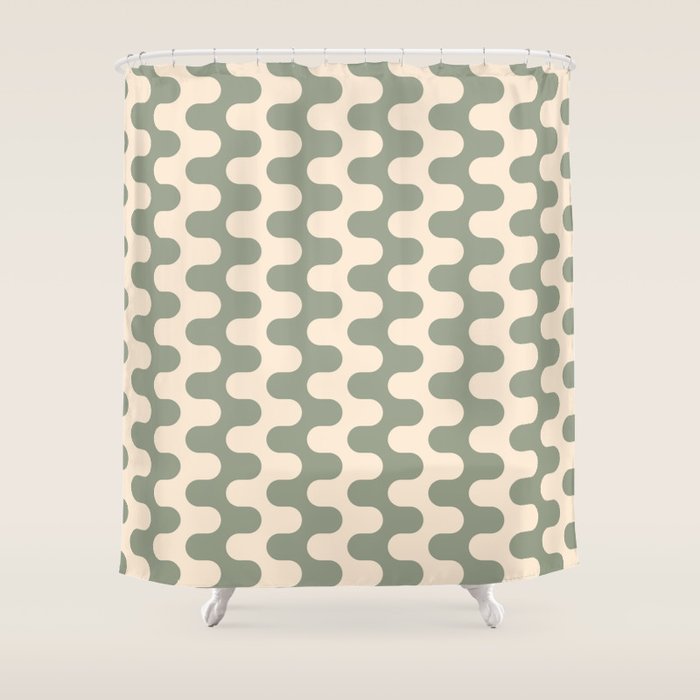 Retro Mid Century Modern Waves in Sage Green Shower Curtain Gallery Image 1