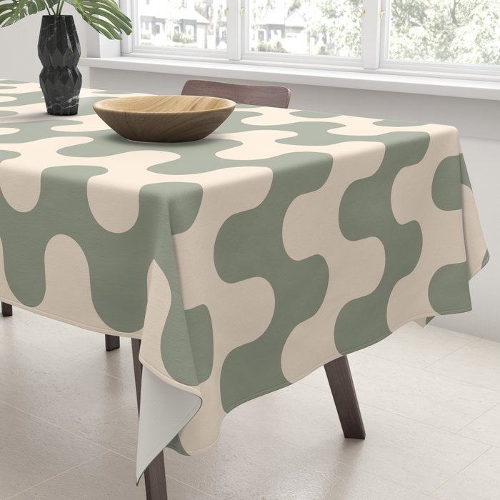 Retro Mid Century Modern Waves in Sage Green Tablecloth Gallery Image 3