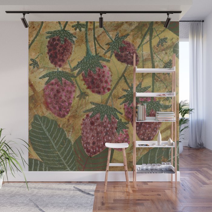 Strawberry Garden in Forest Green Wall Mural Gallery Image 1