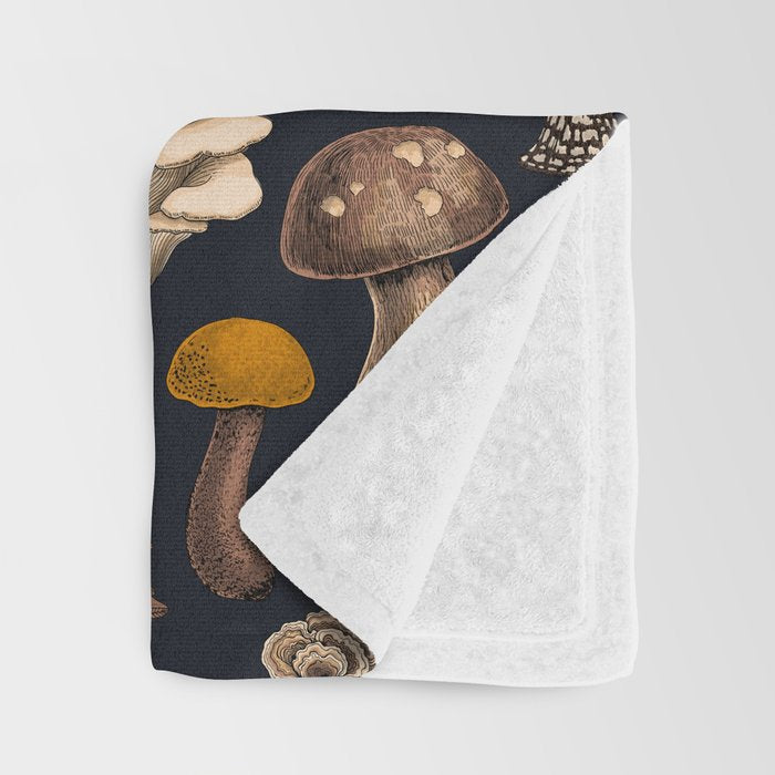 Wild Mushrooms  on graphite black Throw Blanket Gallery Image 3