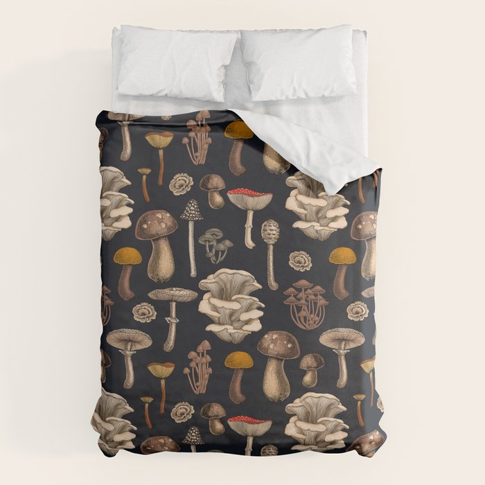 Wild Mushrooms  on graphite black Duvet Cover Gallery Image 1