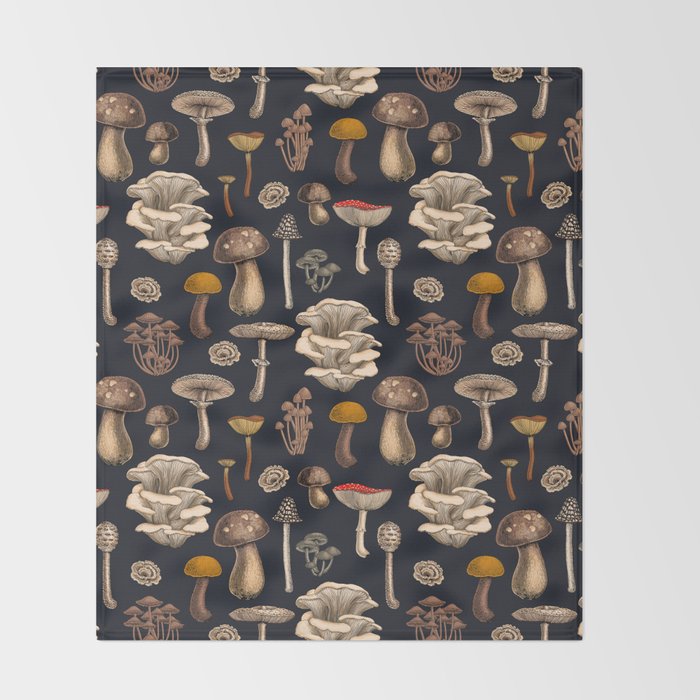 Wild Mushrooms  on graphite black Throw Blanket Gallery Image 2