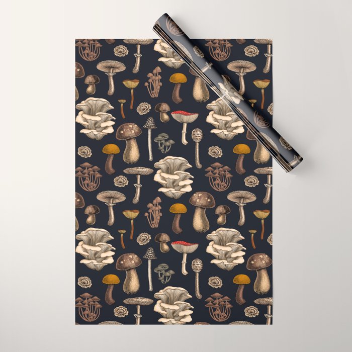 Wild Mushrooms  on graphite black Wrapping Paper Gallery Image 1