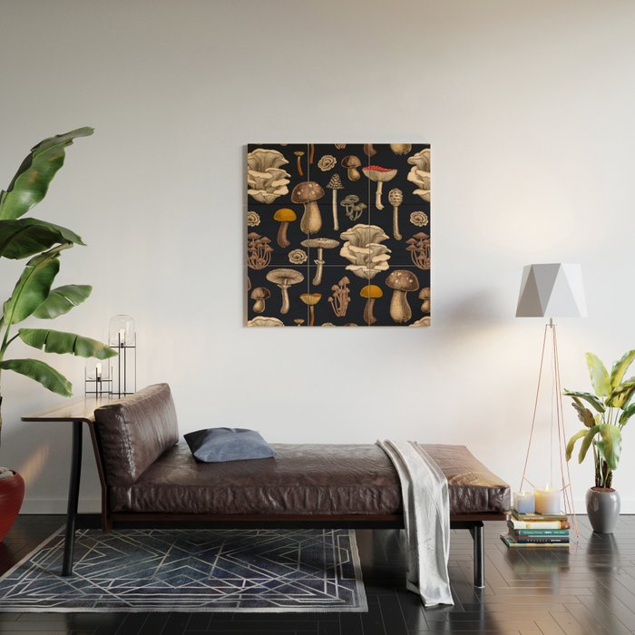 Wild Mushrooms  on graphite black Wood Wall Art Gallery Image 2