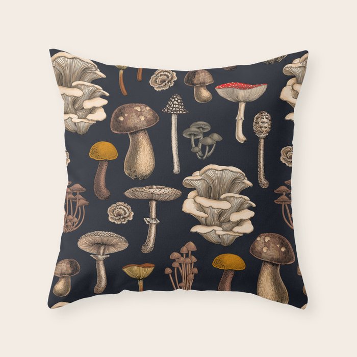 Wild Mushrooms  on graphite black Throw Pillow Gallery Image 6