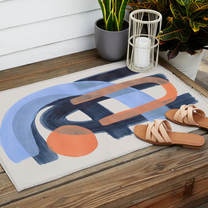 Midcentury Modern Minimalist Funky Cool Tribal Pattern Paynes Grey Pastel Blue Tan Shapes by Ejaaz Haniff Outdoor Rug Gallery Image 2