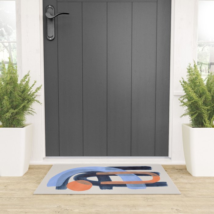 Midcentury Modern Minimalist Funky Cool Tribal Pattern Paynes Grey Pastel Blue Tan Shapes by Ejaaz Haniff Welcome Mat Gallery Image 3