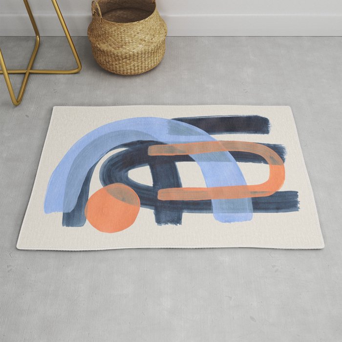 Midcentury Modern Minimalist Funky Cool Tribal Pattern Paynes Grey Pastel Blue Tan Shapes by Ejaaz Haniff Rug Gallery Image 1
