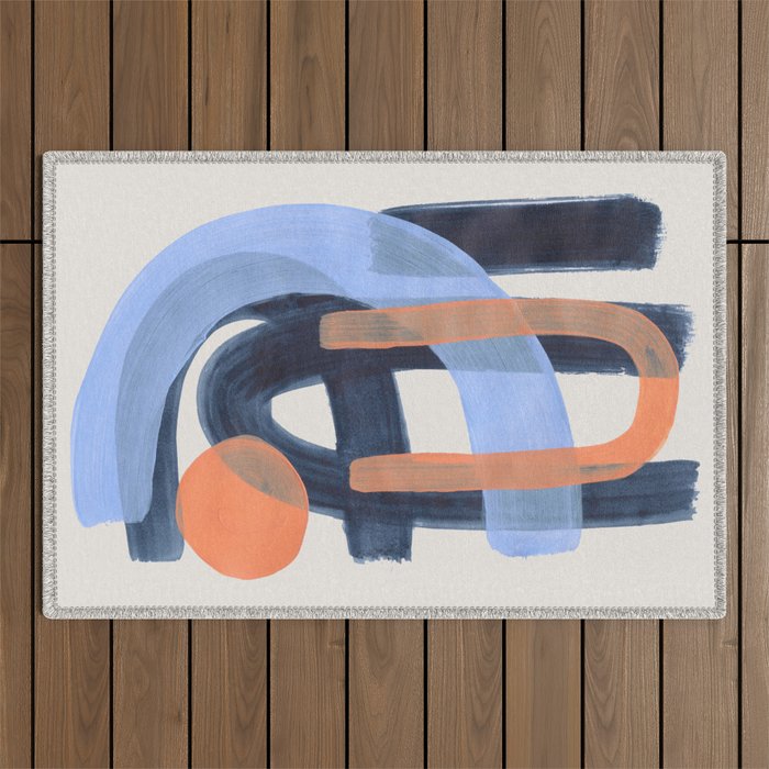 Midcentury Modern Minimalist Funky Cool Tribal Pattern Paynes Grey Pastel Blue Tan Shapes by Ejaaz Haniff Outdoor Rug Gallery Image 1