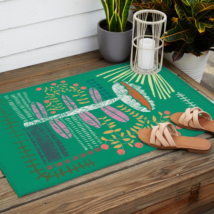 Block print bold flower green Outdoor Rug Gallery Image 2