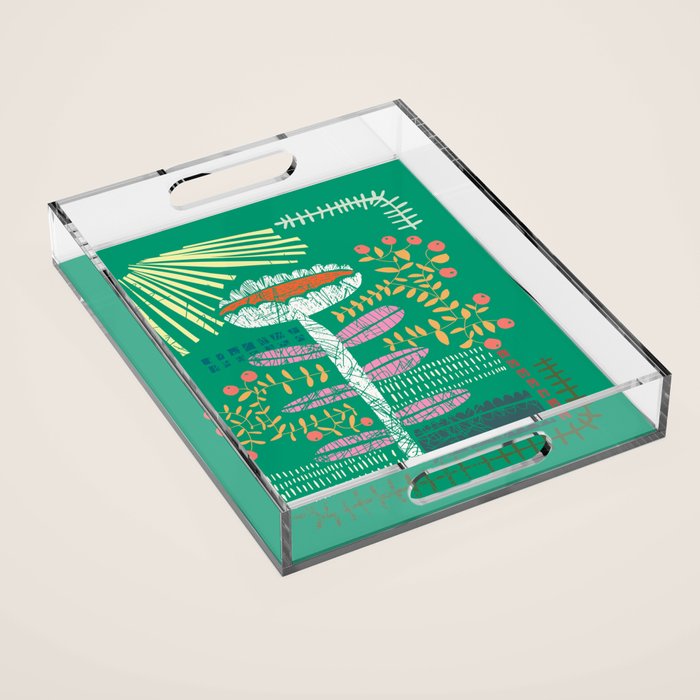 Block print bold flower green Acrylic Tray Gallery Image 1