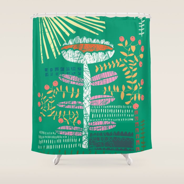 Block print bold flower green Shower Curtain Gallery Image 1