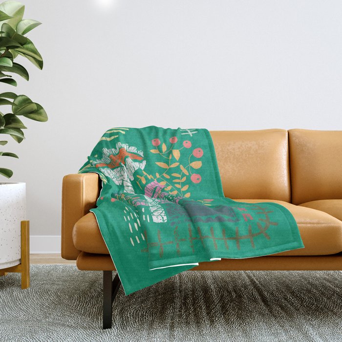 Block print bold flower green Throw Blanket Gallery Image 1