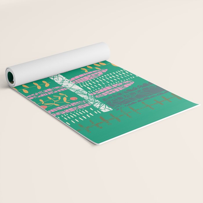 Block print bold flower green Yoga Mat Gallery Image 2