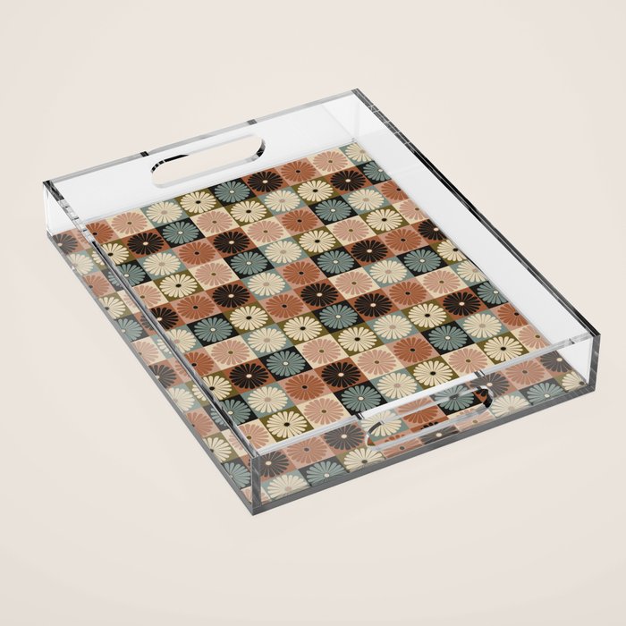 Retro Flowers Check Pattern II Acrylic Tray Gallery Image 1