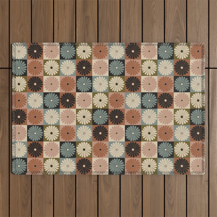 Retro Flowers Check Pattern II Outdoor Rug Gallery Image 1
