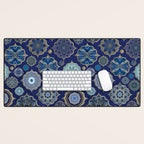 Blue Turquoise Gold Moroccan Tiles Boho Vintage Elegance Quatrefoil Shapes Desk Mat Gallery Image 1