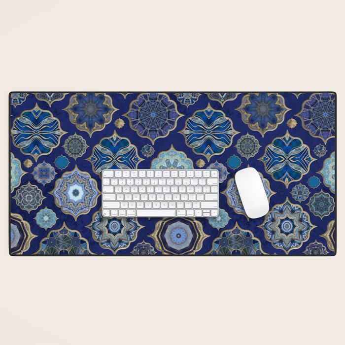 Blue Turquoise Gold Moroccan Tiles Boho Vintage Elegance Quatrefoil Shapes Desk Mat Gallery Image 1