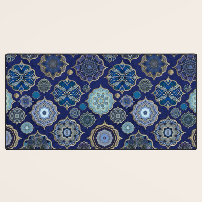 Blue Turquoise Gold Moroccan Tiles Boho Vintage Elegance Quatrefoil Shapes Desk Mat Gallery Image 3
