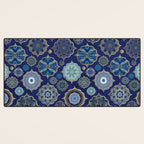Blue Turquoise Gold Moroccan Tiles Boho Vintage Elegance Quatrefoil Shapes Desk Mat Gallery Image 3