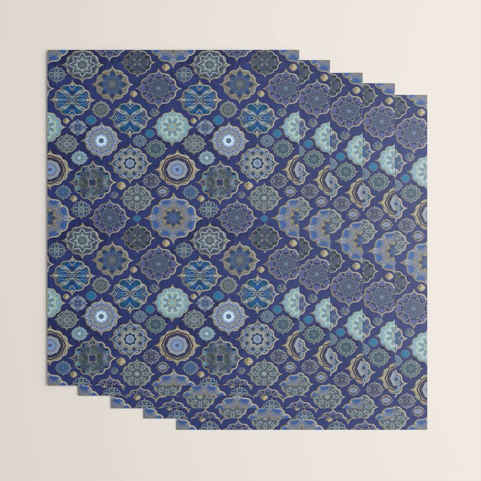 Blue Turquoise Gold Moroccan Tiles Boho Vintage Elegance Quatrefoil Shapes Wrapping Paper Gallery Image 3