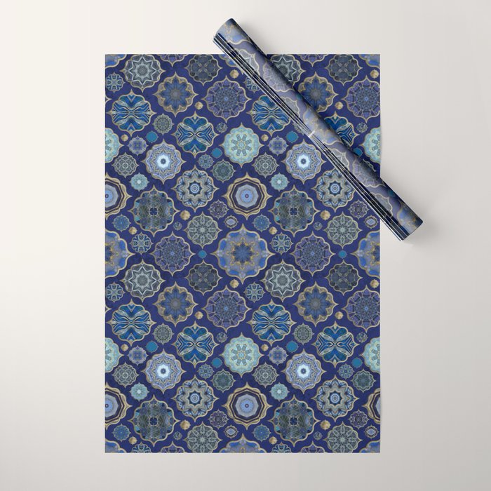 Blue Turquoise Gold Moroccan Tiles Boho Vintage Elegance Quatrefoil Shapes Wrapping Paper Gallery Image 1