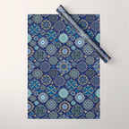 Blue Turquoise Gold Moroccan Tiles Boho Vintage Elegance Quatrefoil Shapes Wrapping Paper Gallery Image 1