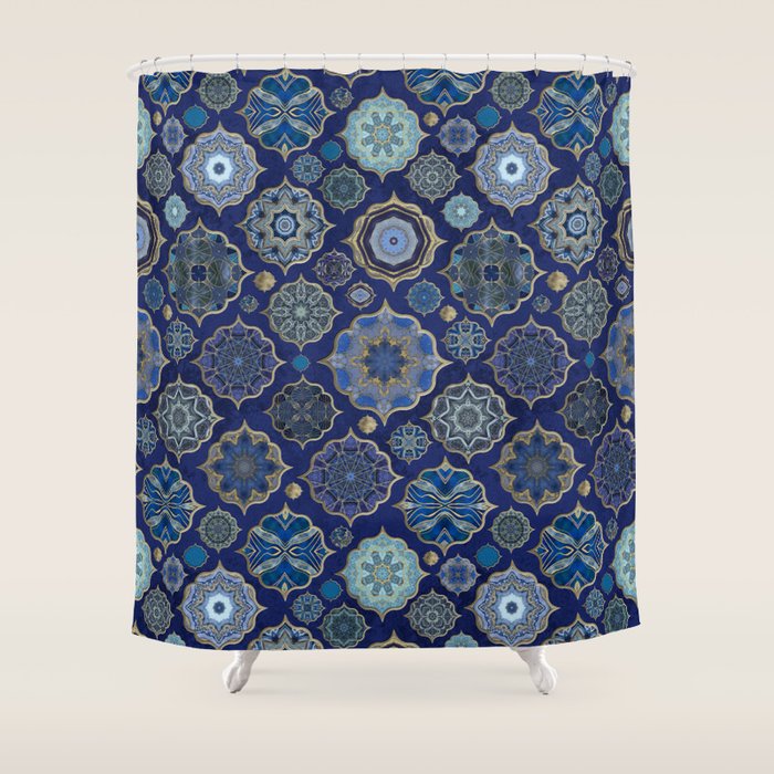 Blue Turquoise Gold Moroccan Tiles Boho Vintage Elegance Quatrefoil Shapes Shower Curtain Gallery Image 1