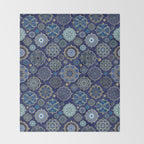 Blue Turquoise Gold Moroccan Tiles Boho Vintage Elegance Quatrefoil Shapes Throw Blanket Gallery Image 2