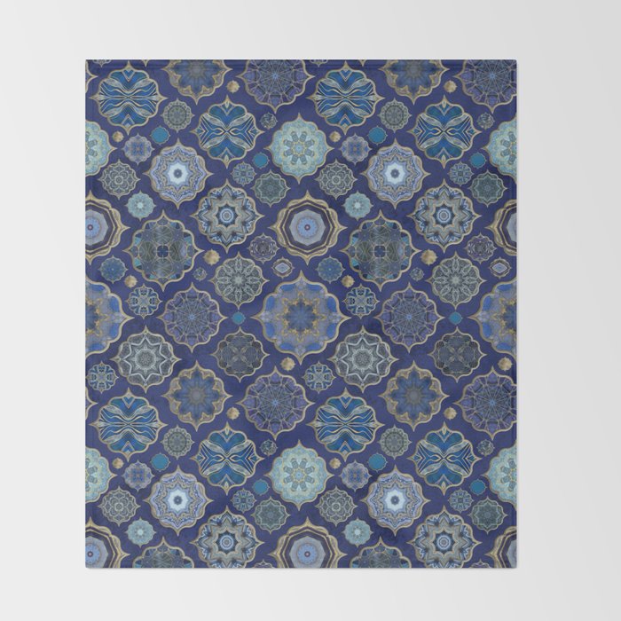 Blue Turquoise Gold Moroccan Tiles Boho Vintage Elegance Quatrefoil Shapes Throw Blanket Gallery Image 2
