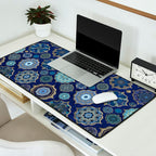 Blue Turquoise Gold Moroccan Tiles Boho Vintage Elegance Quatrefoil Shapes Desk Mat Gallery Image 2