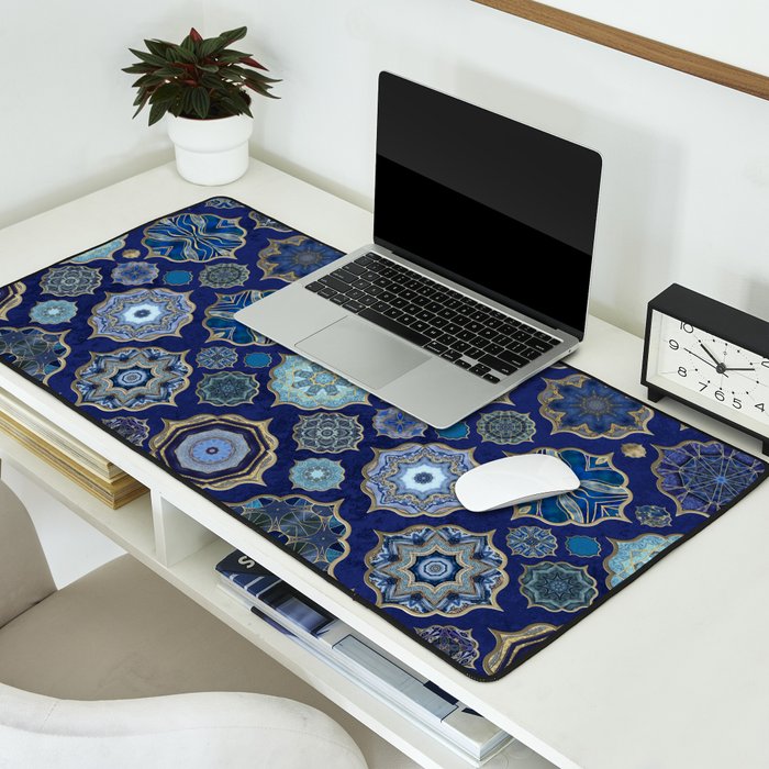 Blue Turquoise Gold Moroccan Tiles Boho Vintage Elegance Quatrefoil Shapes Desk Mat Gallery Image 2