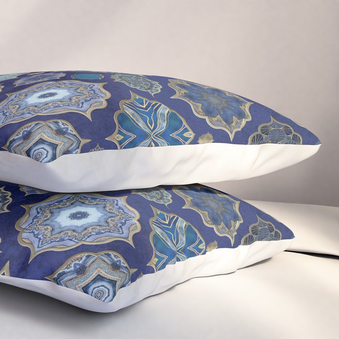 Blue Turquoise Gold Moroccan Tiles Boho Vintage Elegance Quatrefoil Shapes Pillow Sham Gallery Image 3