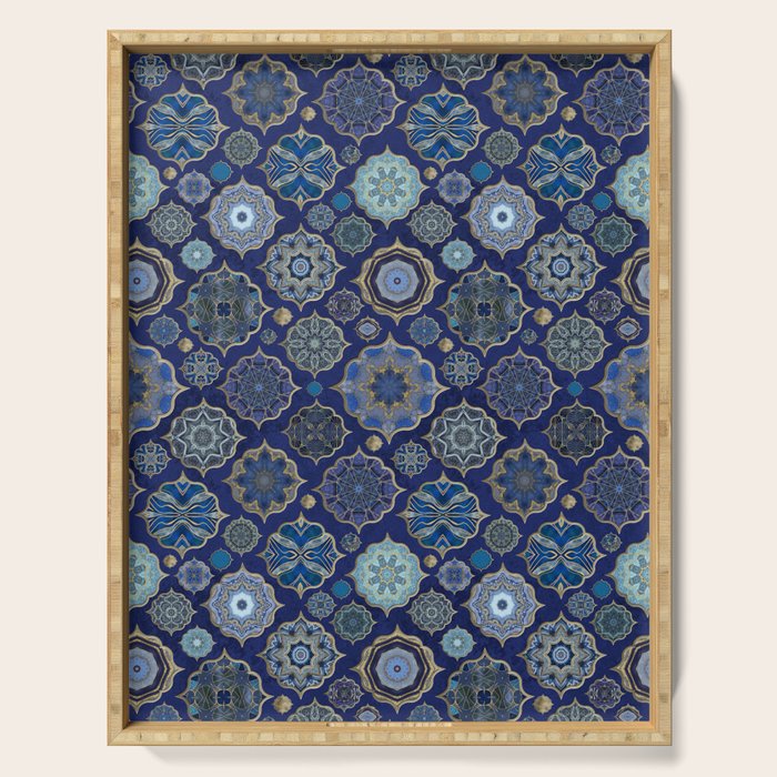 Blue Turquoise Gold Moroccan Tiles Boho Vintage Elegance Quatrefoil Shapes Serving Tray Gallery Image 1