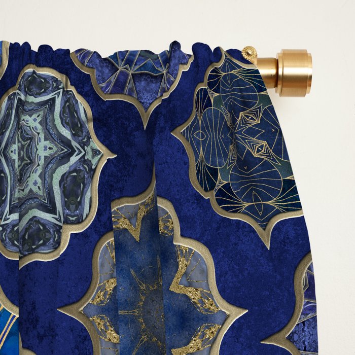 Blue Turquoise Gold Moroccan Tiles Boho Vintage Elegance Quatrefoil Shapes Window Curtain Gallery Image 2