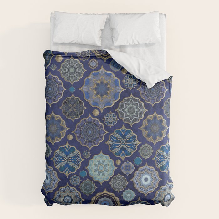 Blue Turquoise Gold Moroccan Tiles Boho Vintage Elegance Quatrefoil Shapes Duvet Cover Gallery Image 6