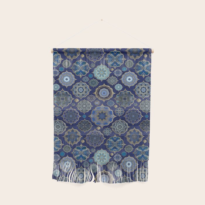Blue Turquoise Gold Moroccan Tiles Boho Vintage Elegance Quatrefoil Shapes Wall Hanging Gallery Image 1