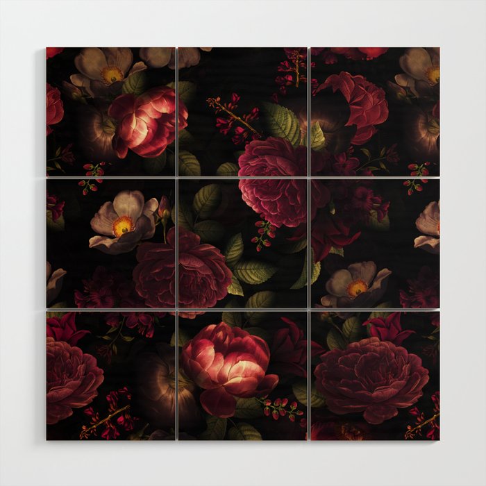 Midnight Vintage Shiny Botanical Rose Garden Wood Wall Art Gallery Image 1
