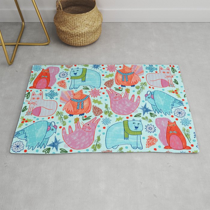 Winter Forest Woodland Animals in Arctic Blue Rug Gallery Image 1