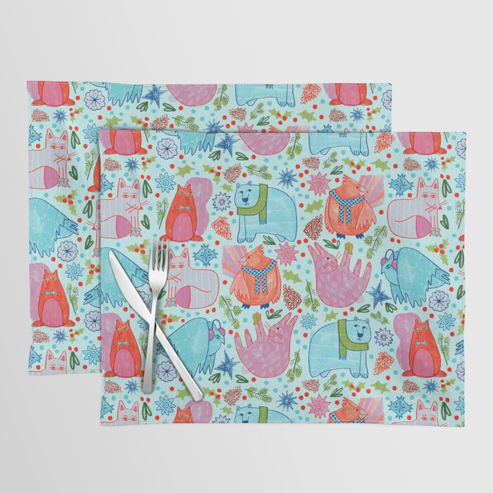 Winter Forest Woodland Animals in Arctic Blue Placemat Gallery Image 1